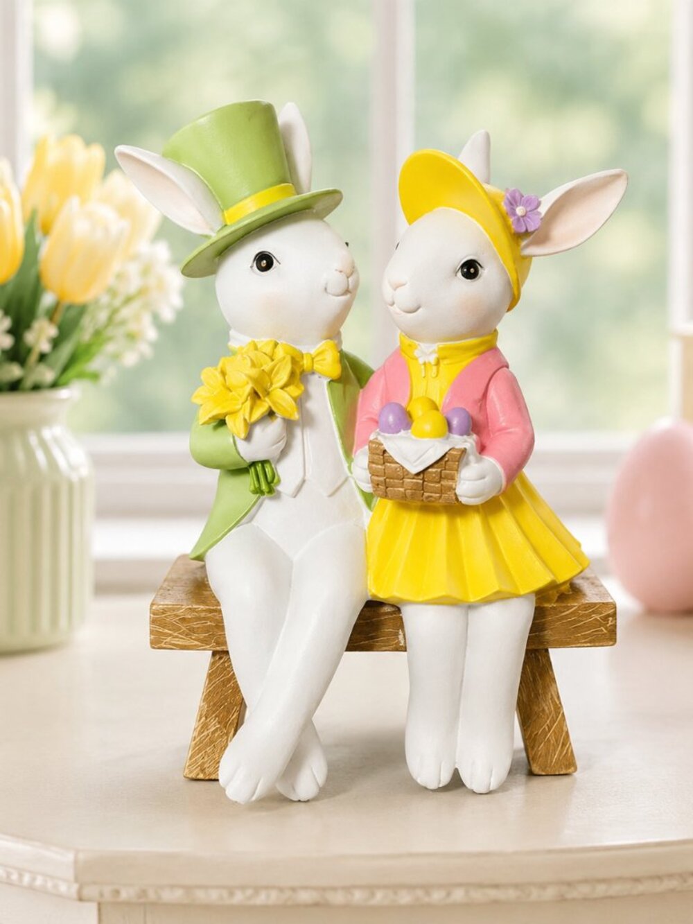 Easter Bunny Couple Figurine Bench Spring Pastel Resin 9 Inch NWT
